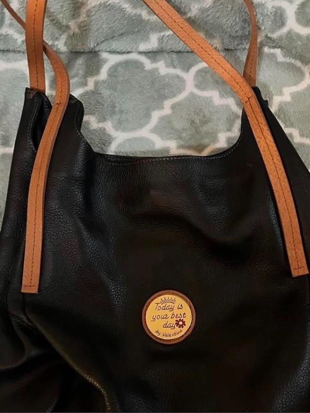 Valentina Black Shoulder Bag with Tan Straps and Inspirational Patch
